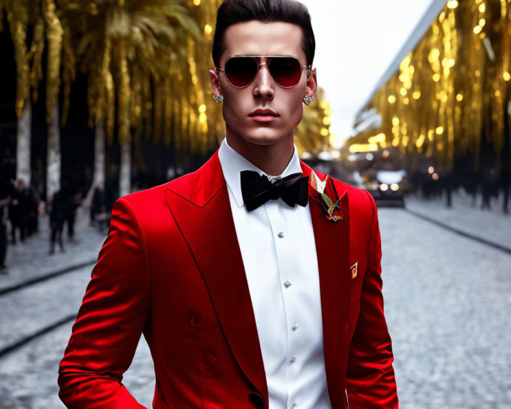 Fashionable man in red suit jacket and bow tie, sunglasses, handkerchief, and bouton