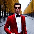 Fashionable man in red suit jacket and bow tie, sunglasses, handkerchief, and bouton