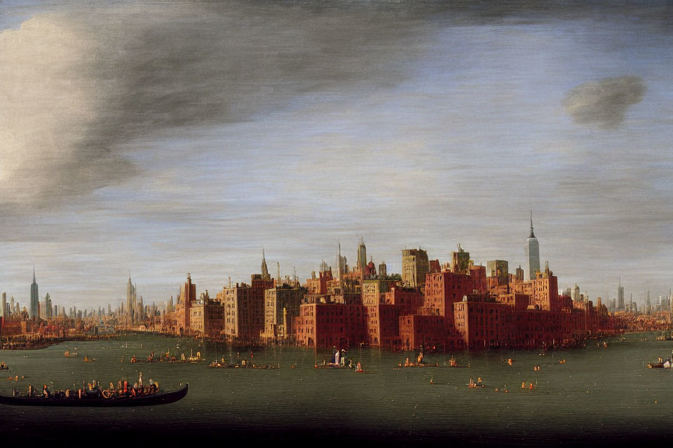 Painting of Venice-inspired city with modern skyscrapers and gondolas