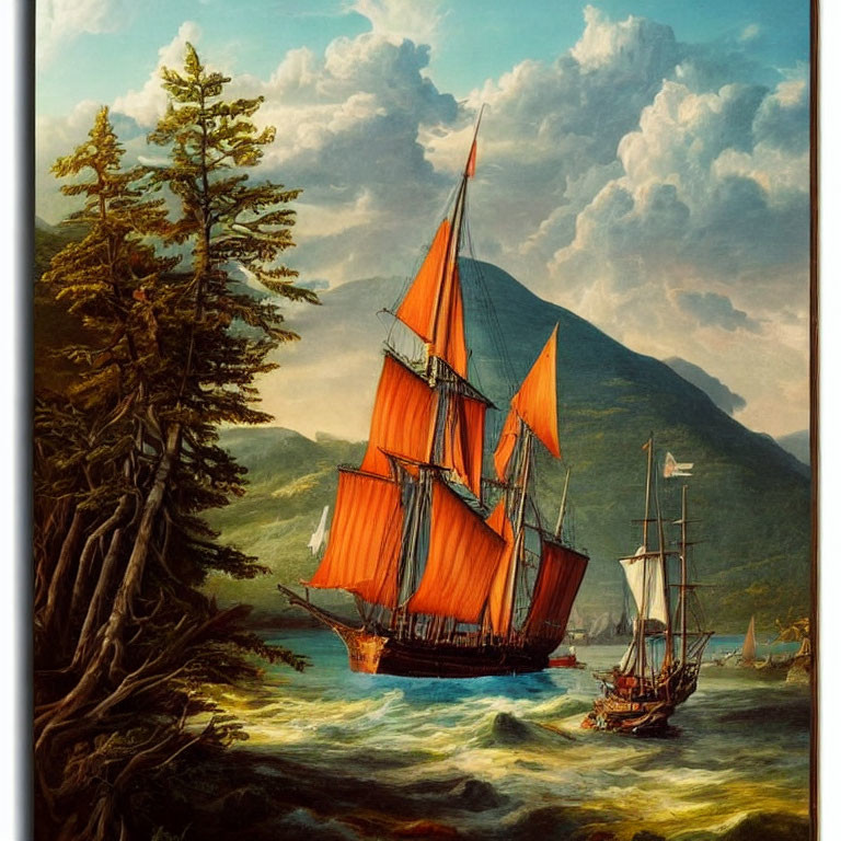 Classic Painting: Two Sailing Ships with Red Sails on Turbulent Sea