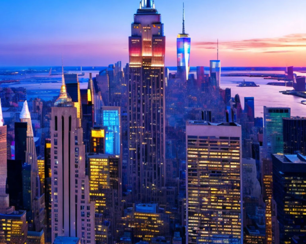 Illuminated New York City skyline at dusk with purple-orange sky