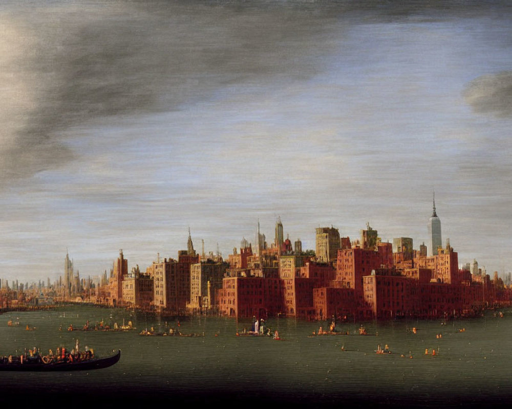Painting of Venice-inspired city with modern skyscrapers and gondolas