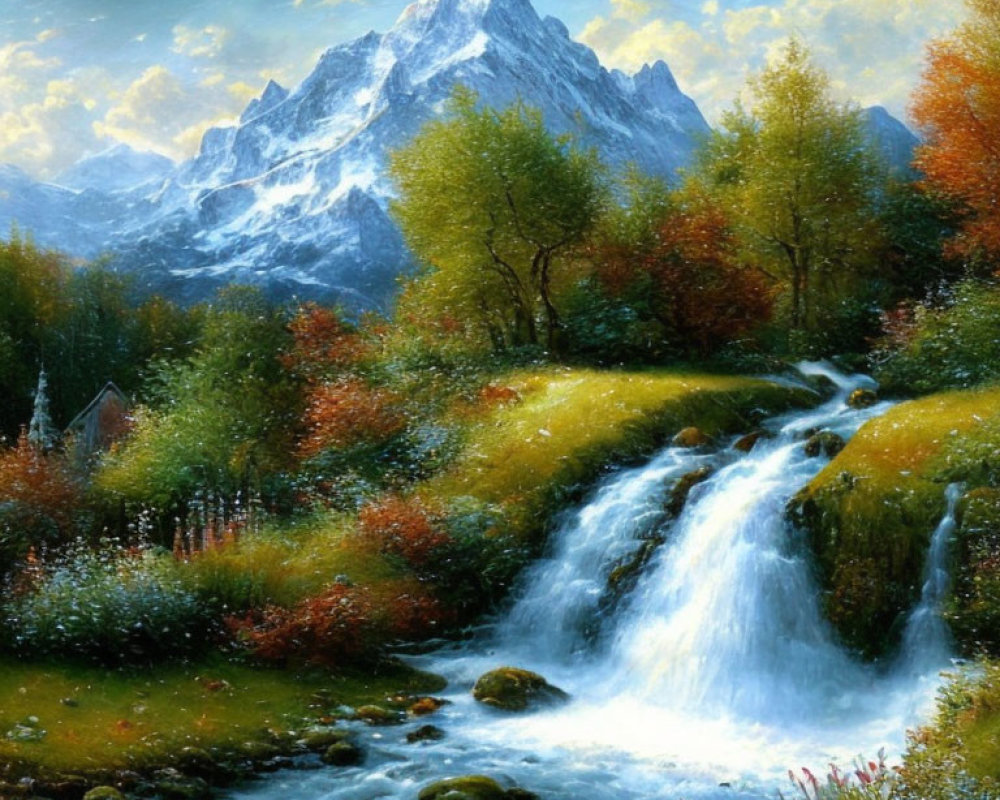 Scenic painting of waterfall, autumn trees, snow-capped mountain