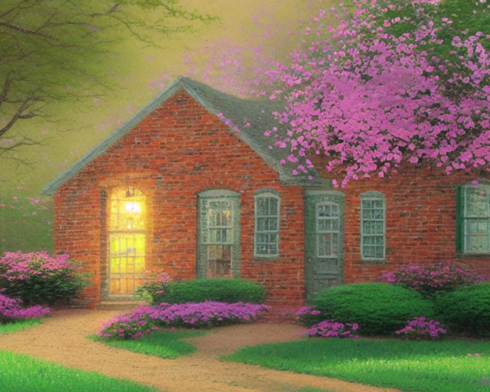 Charming brick house with pink blossoming trees at night