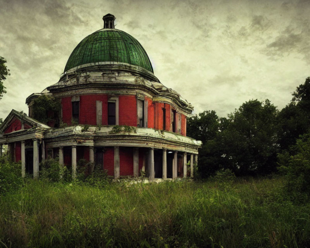 Abandoned red-domed building with green copper roof in overgrown surroundings
