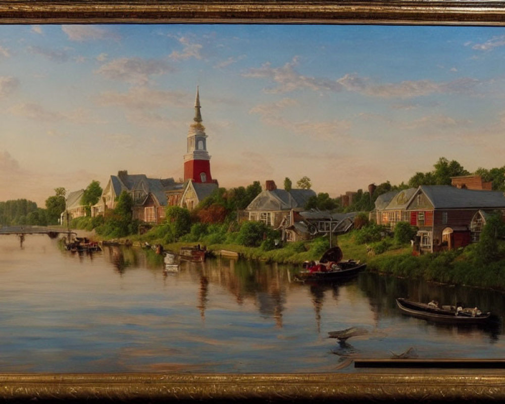 Scenic painting of river, village, boats, greenery, colonial buildings, red-roofed