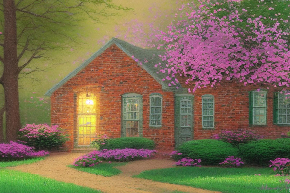 Charming brick house with pink blossoming trees at night