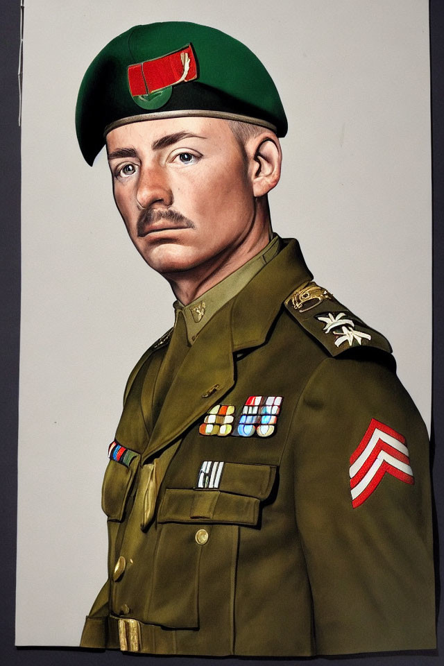 Military man portrait with medals, green beret, and sergeant stripes