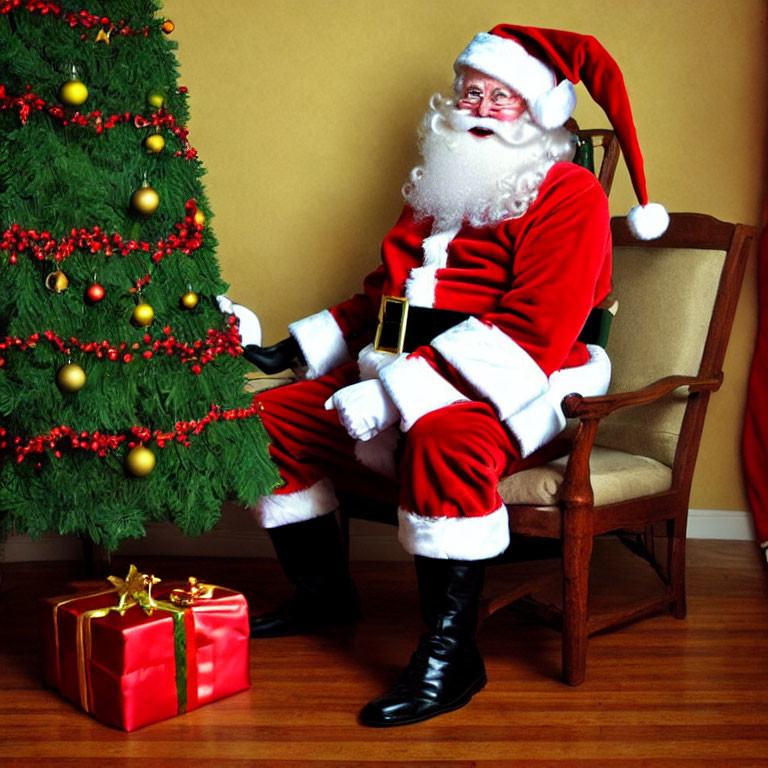 Santa Claus sitting beside Christmas tree with gift.