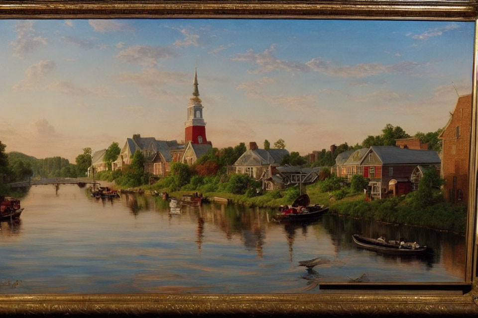 Scenic painting of river, village, boats, greenery, colonial buildings, red-roofed