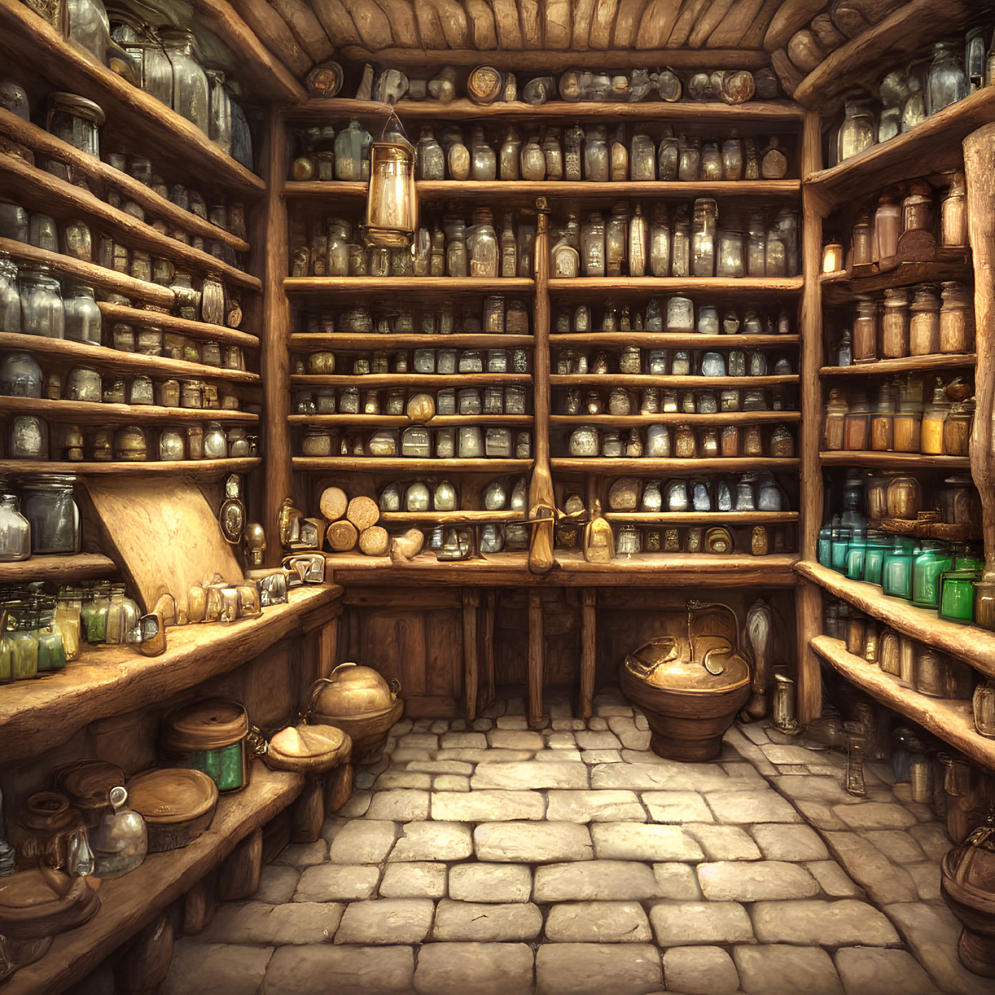 Vintage Apothecary with Wooden Shelves and Stone Floor