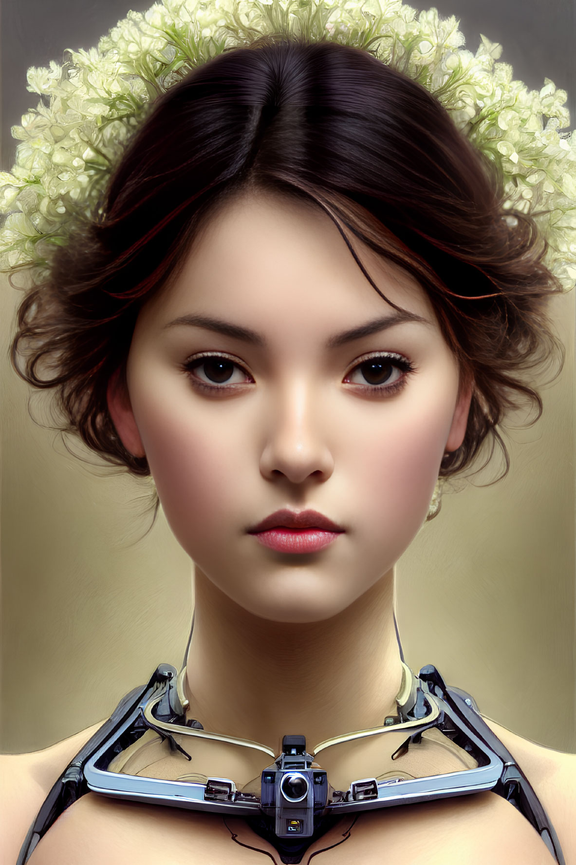 Digital artwork featuring female with robotic neck and white flower crown