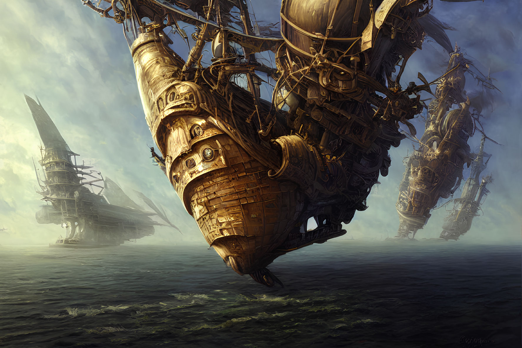 Intricately Designed Steampunk Airships Float Over Misty Sea