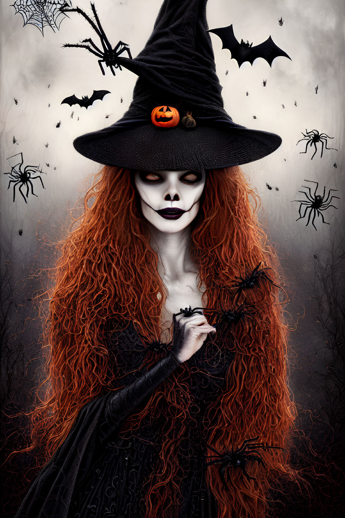 Person in witch costume with hat, white face makeup, red hair, bats, spiders, spooky background