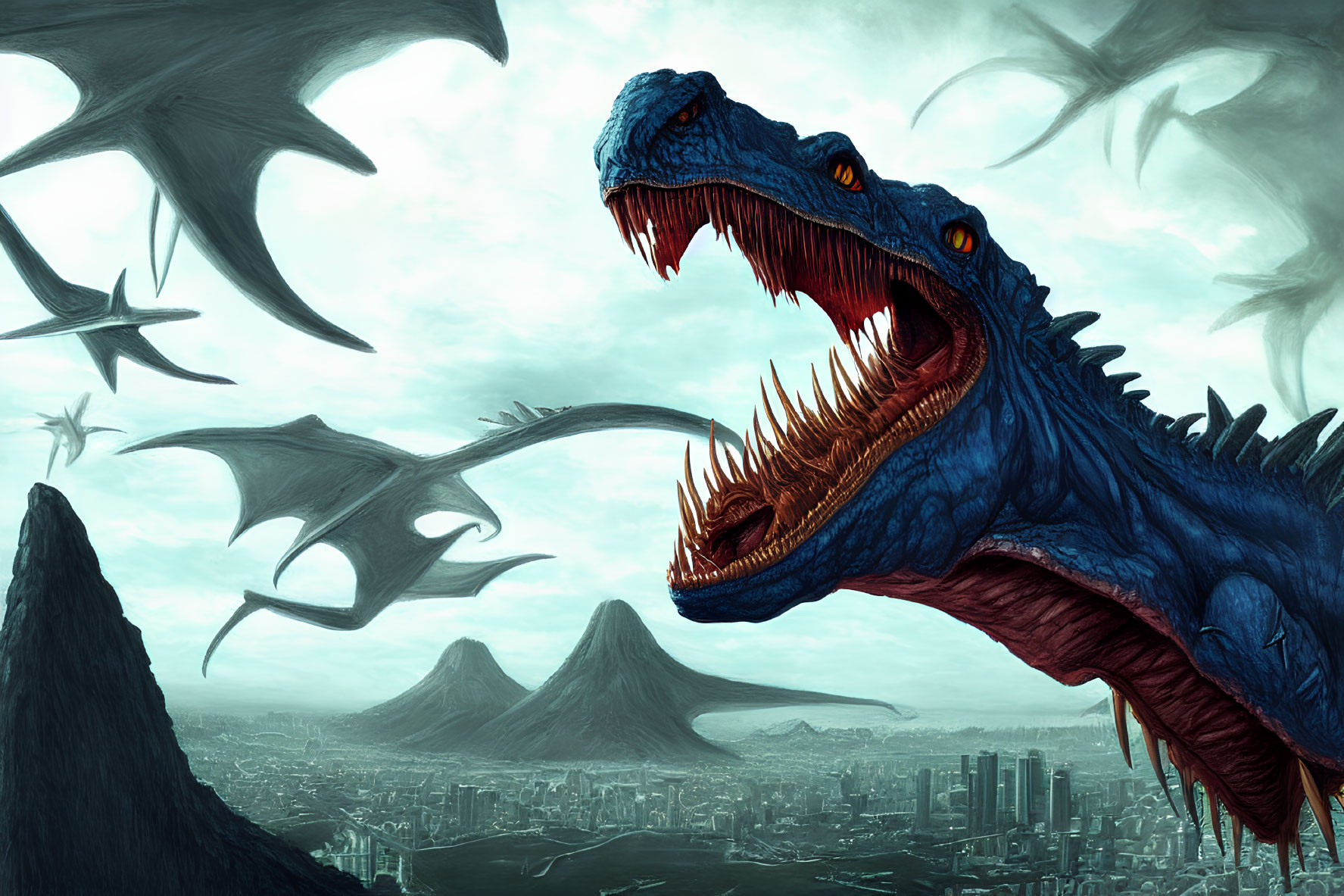 Giant blue dinosaur roaring over city with pterosaurs in stormy sky