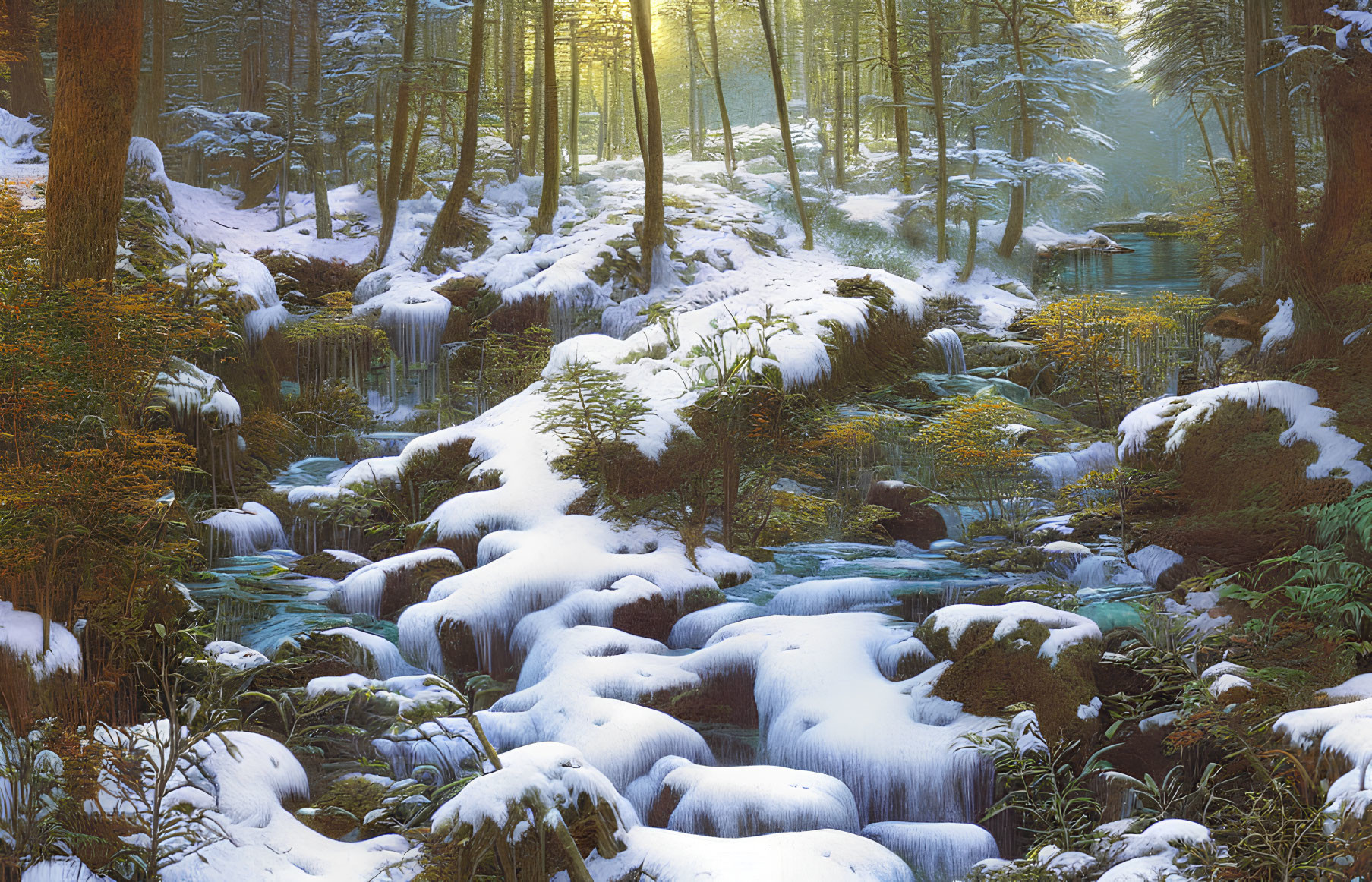 Snow-covered forest with frozen stream under sunlight