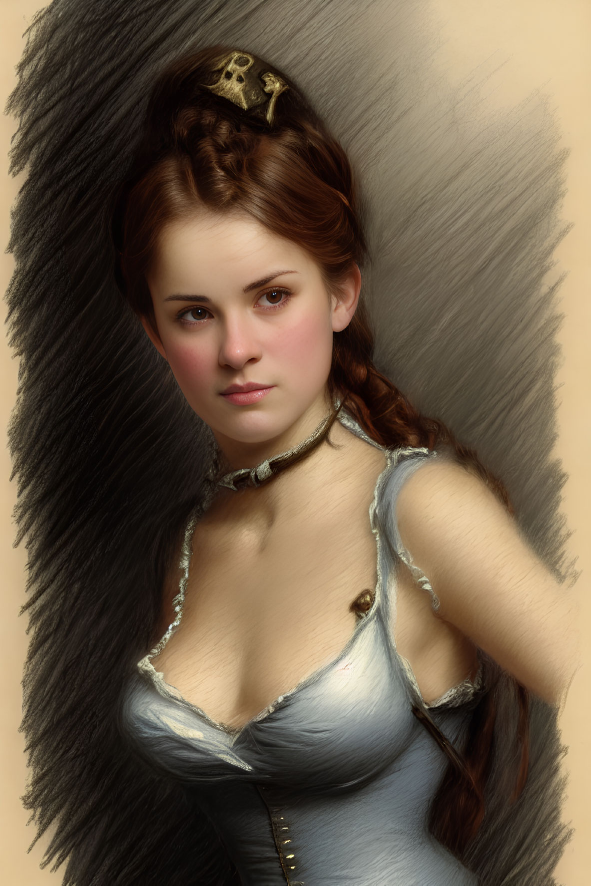Portrait of Woman with Auburn Hair, Blue-Gray Corset, Necklace on Beige Background