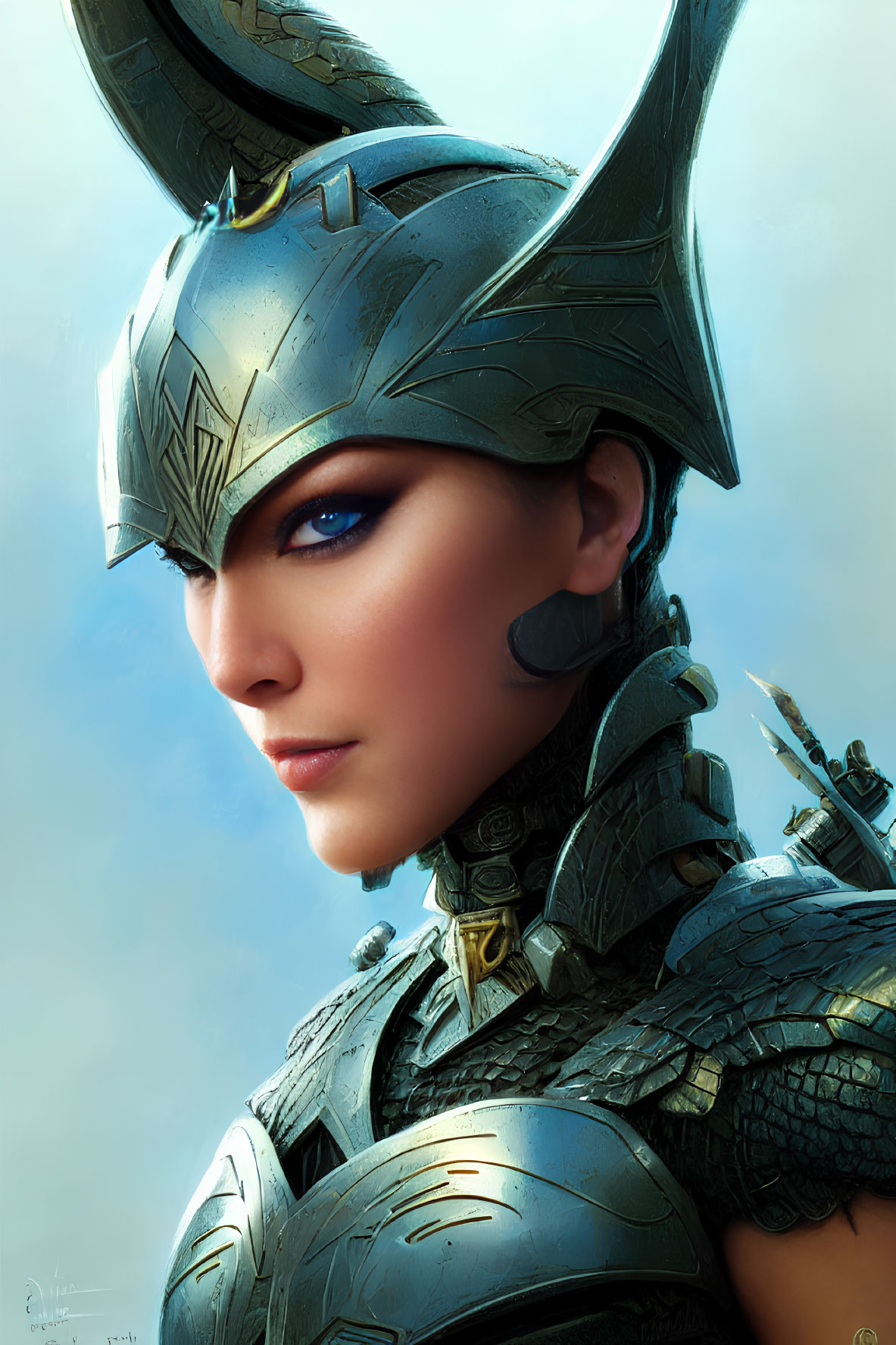 Detailed portrait of a woman in ornate Norse Valkyrie helmet and metallic armor with intense blue eyes