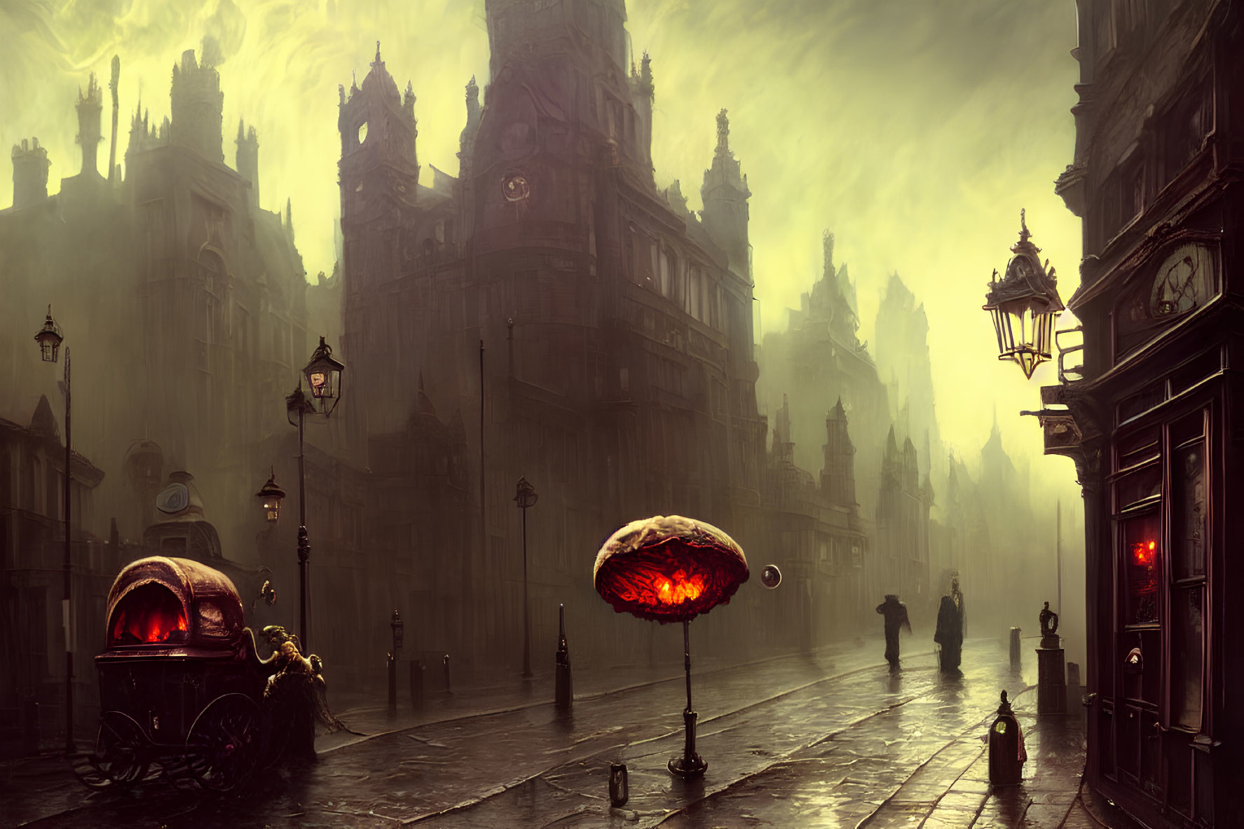 Victorian-style street scene with fog, silhouettes, glowing lamps, carriage, and eerie oversized