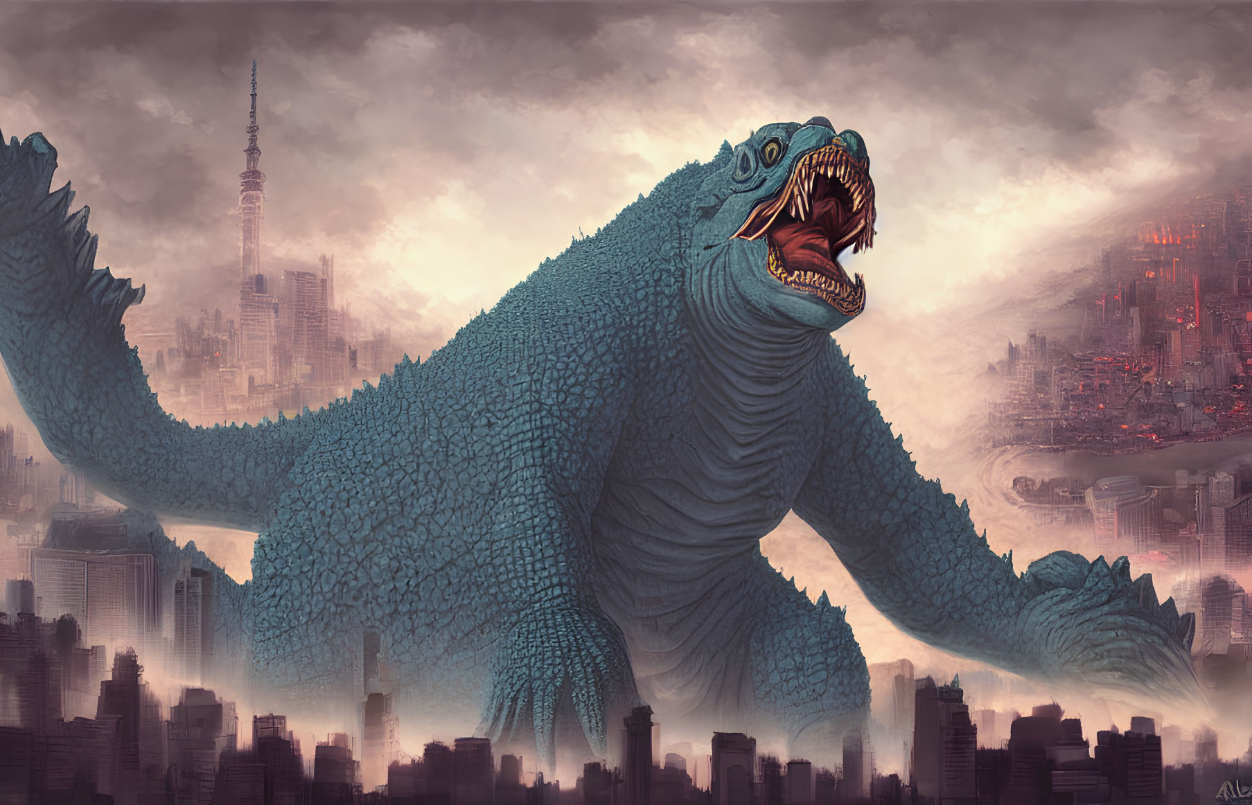 Enormous blue reptilian monster roaring over cityscape