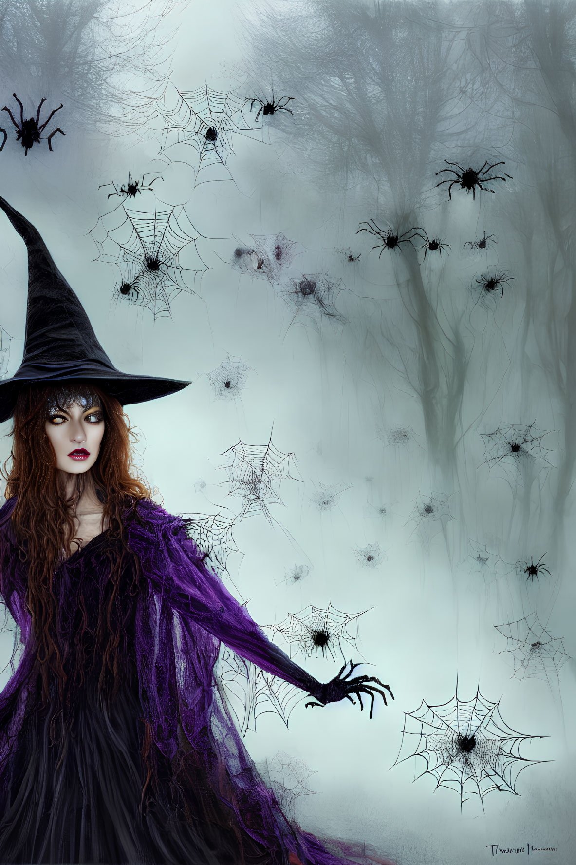 Mysterious Witch in Black Hat and Purple Attire in Foggy Forest
