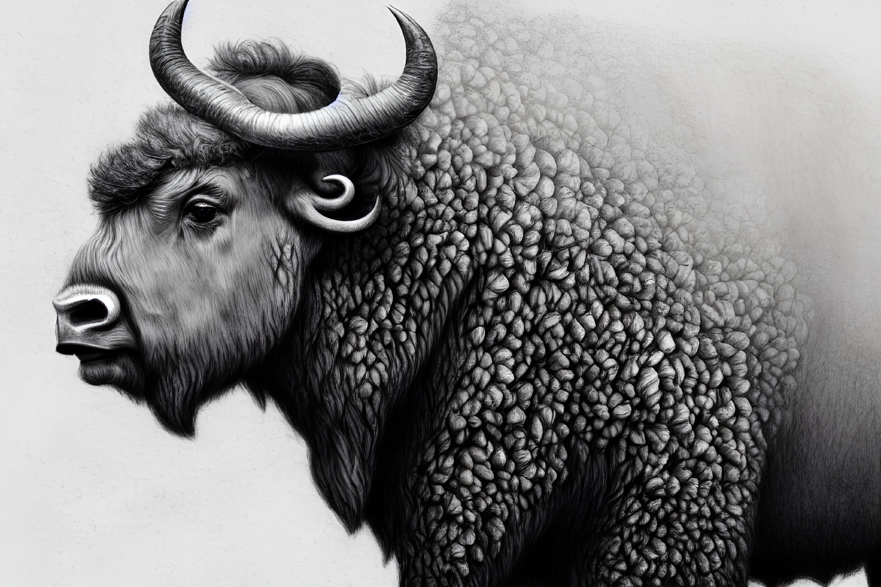 Detailed Black and White Muskox Illustration with Intricate Fur Texture and Prominent Curved Horns