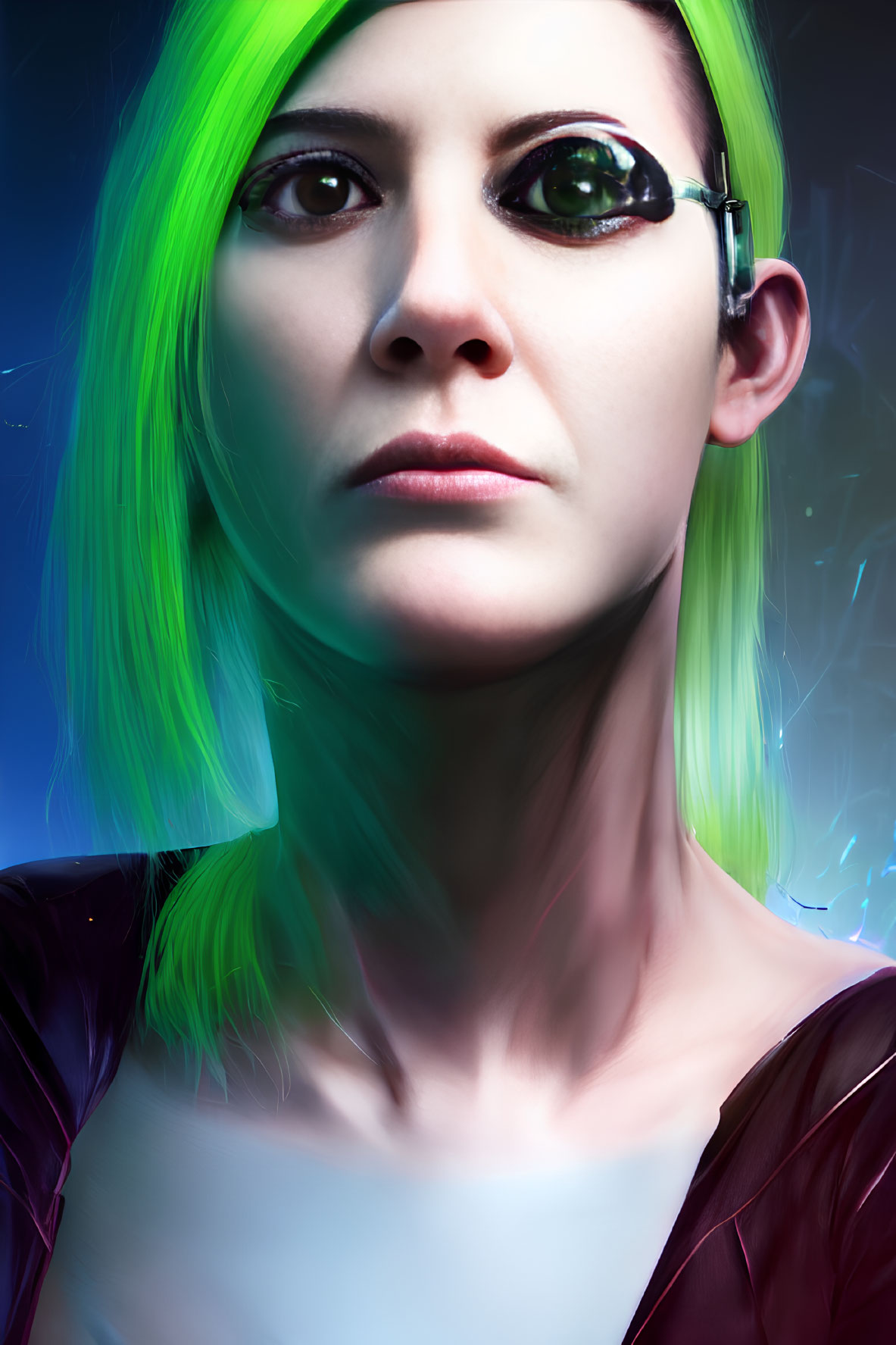 Portrait of Woman with Neon Green Hair, Piercing Eyes, Dark Eye Makeup, Glasses, Purple Out