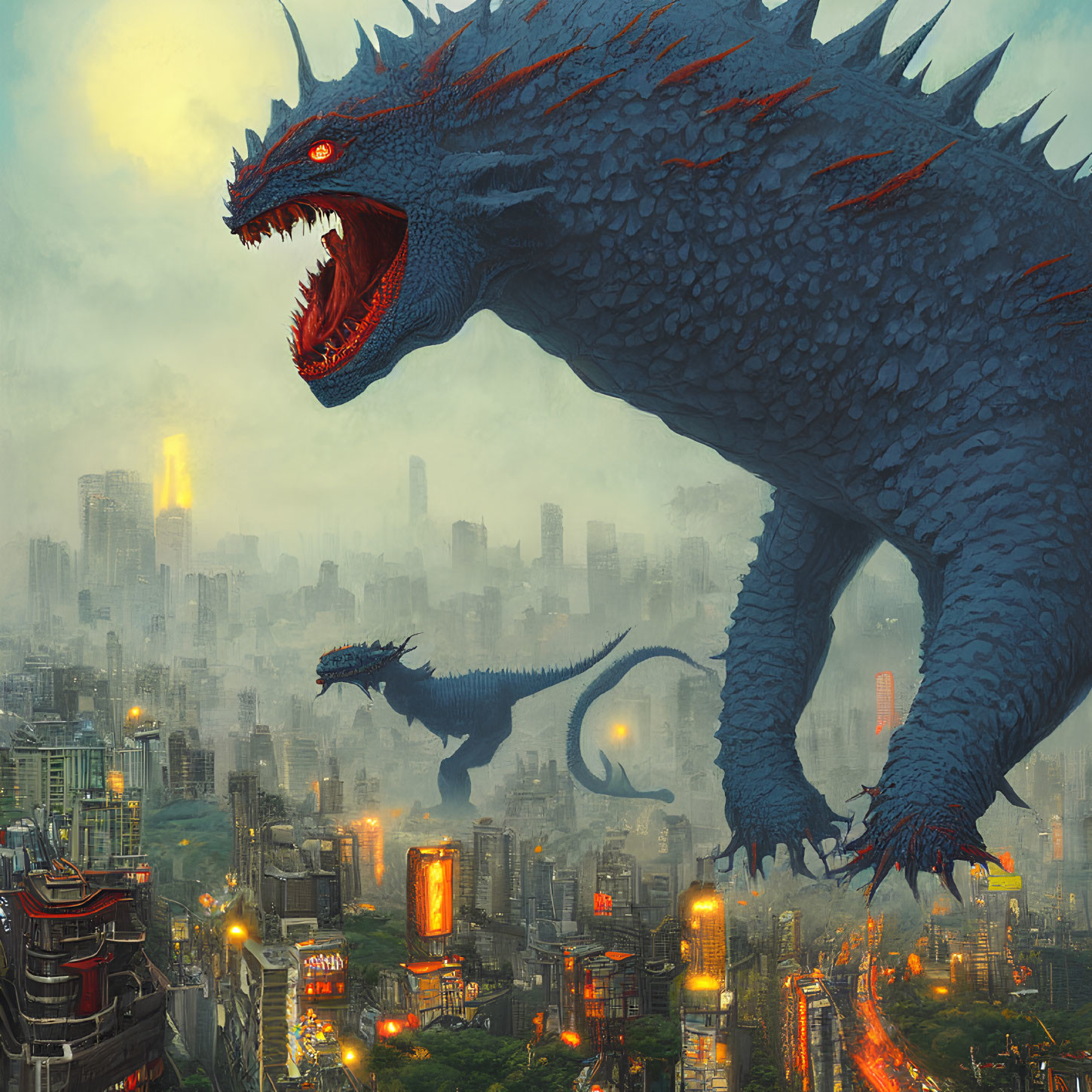 Gigantic blue dragon roaring over futuristic cityscape with another dragon in background