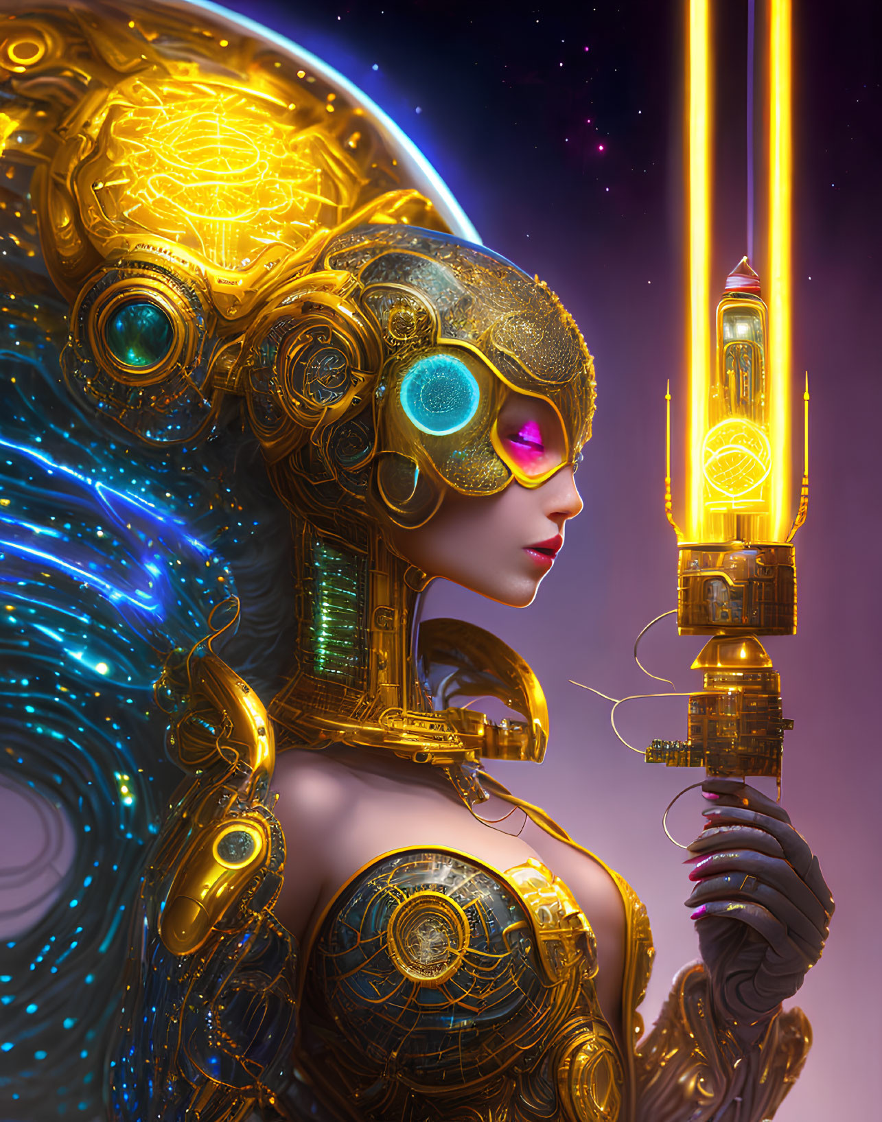 Futuristic female android with intricate gold headgear and shoulder armor holding a golden tower emitting light against