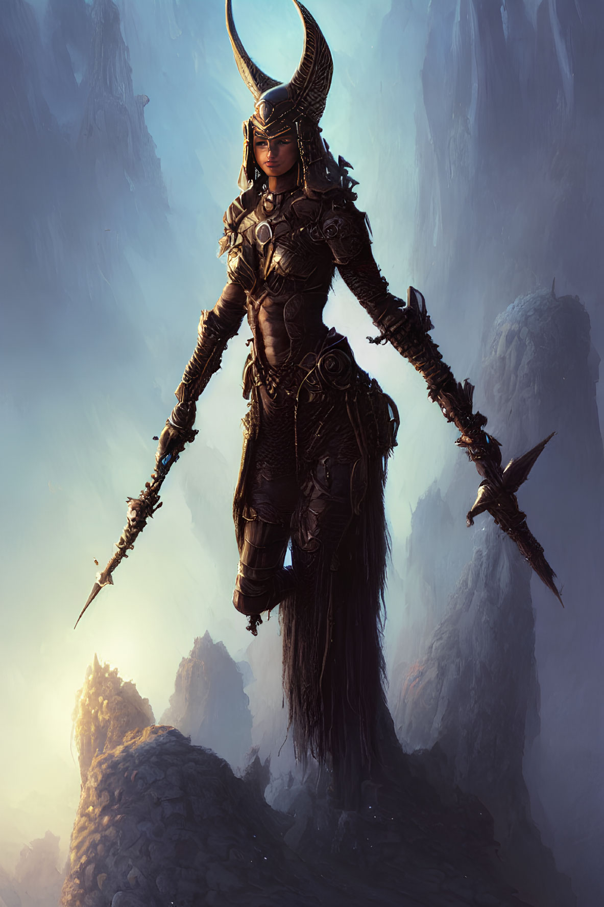 Ornate dark armor warrior with horned helmet and spear in misty mountainous setting