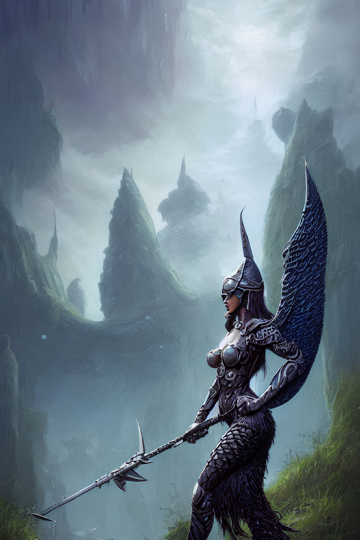 Fantasy warrior in winged helmet and spear against misty mountain backdrop