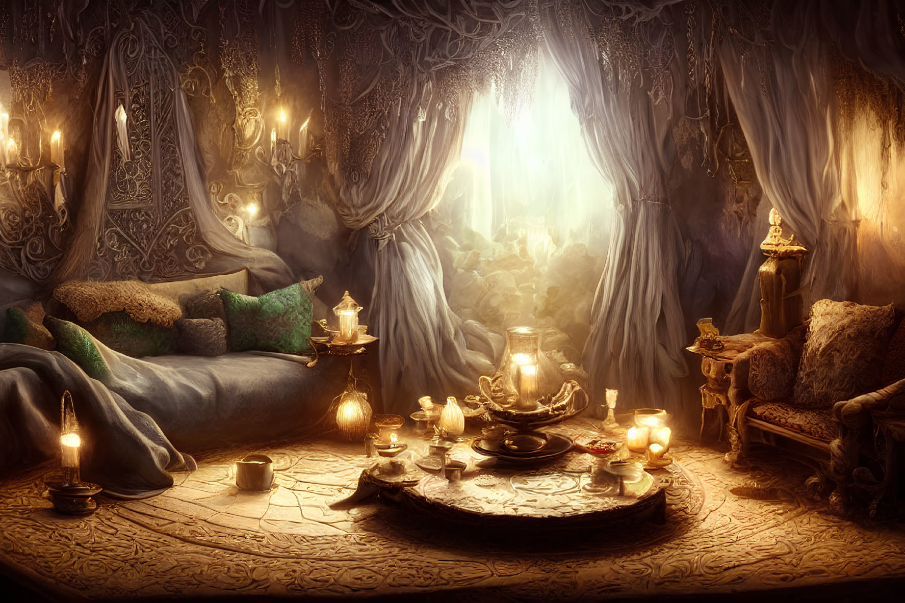 Luxurious room with lush cushions, ornate lamps, candles, chandelier, and mystical green glow