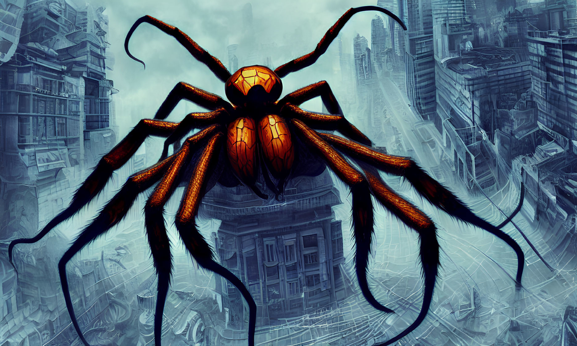 Giant Spider with Glowing Orange Markings in Futuristic Cityscape