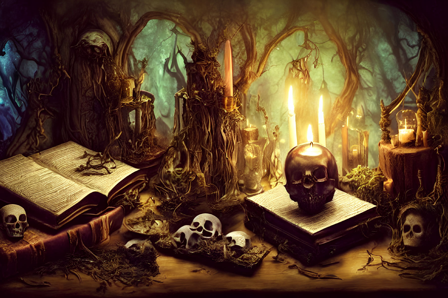 Mystical forest scene with ancient books, candles, skulls, and twisted branches