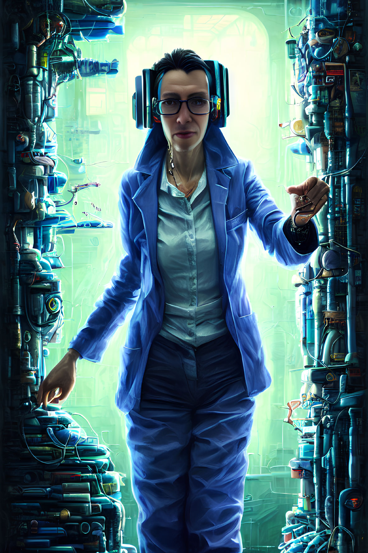 Confident person in blue suit with headphones in futuristic setting holding glowing sphere