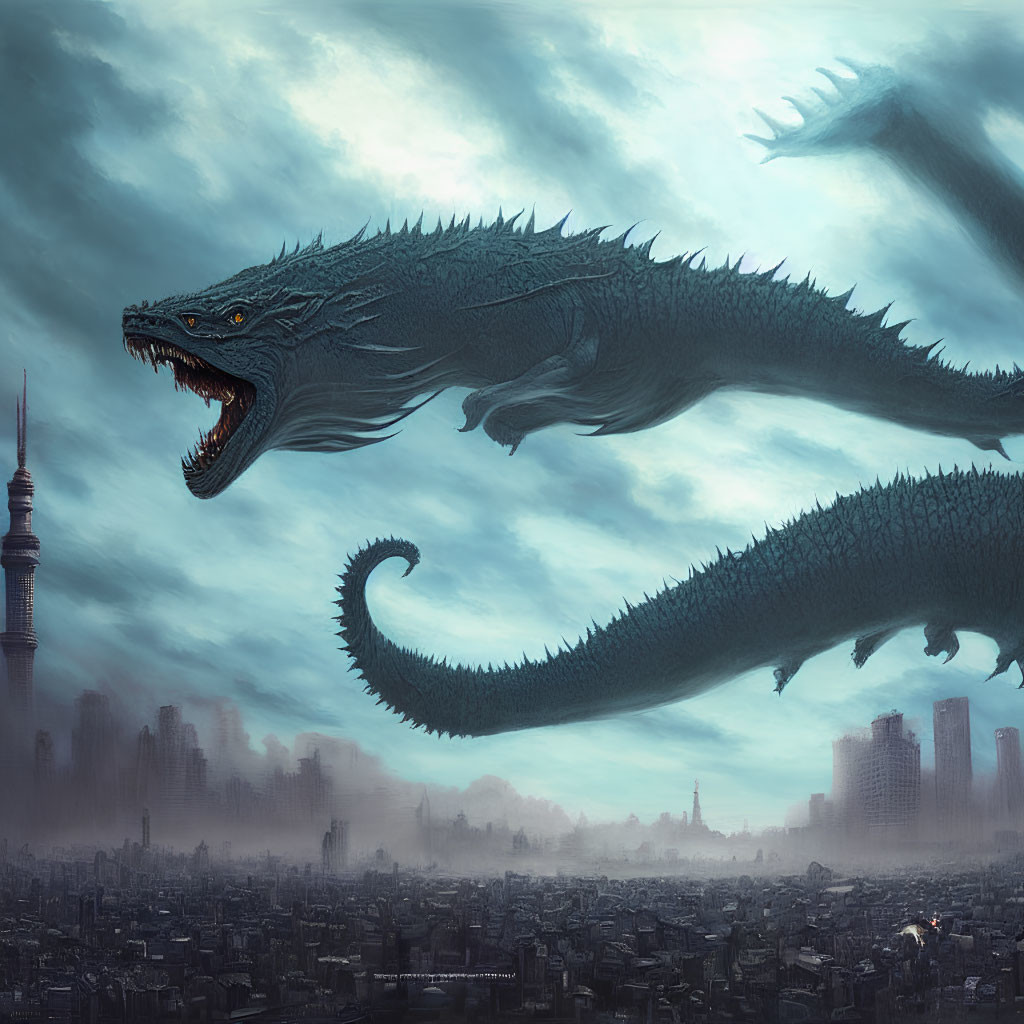 Menacing dragon soaring over misty cityscape with glistening scales and open mouth.