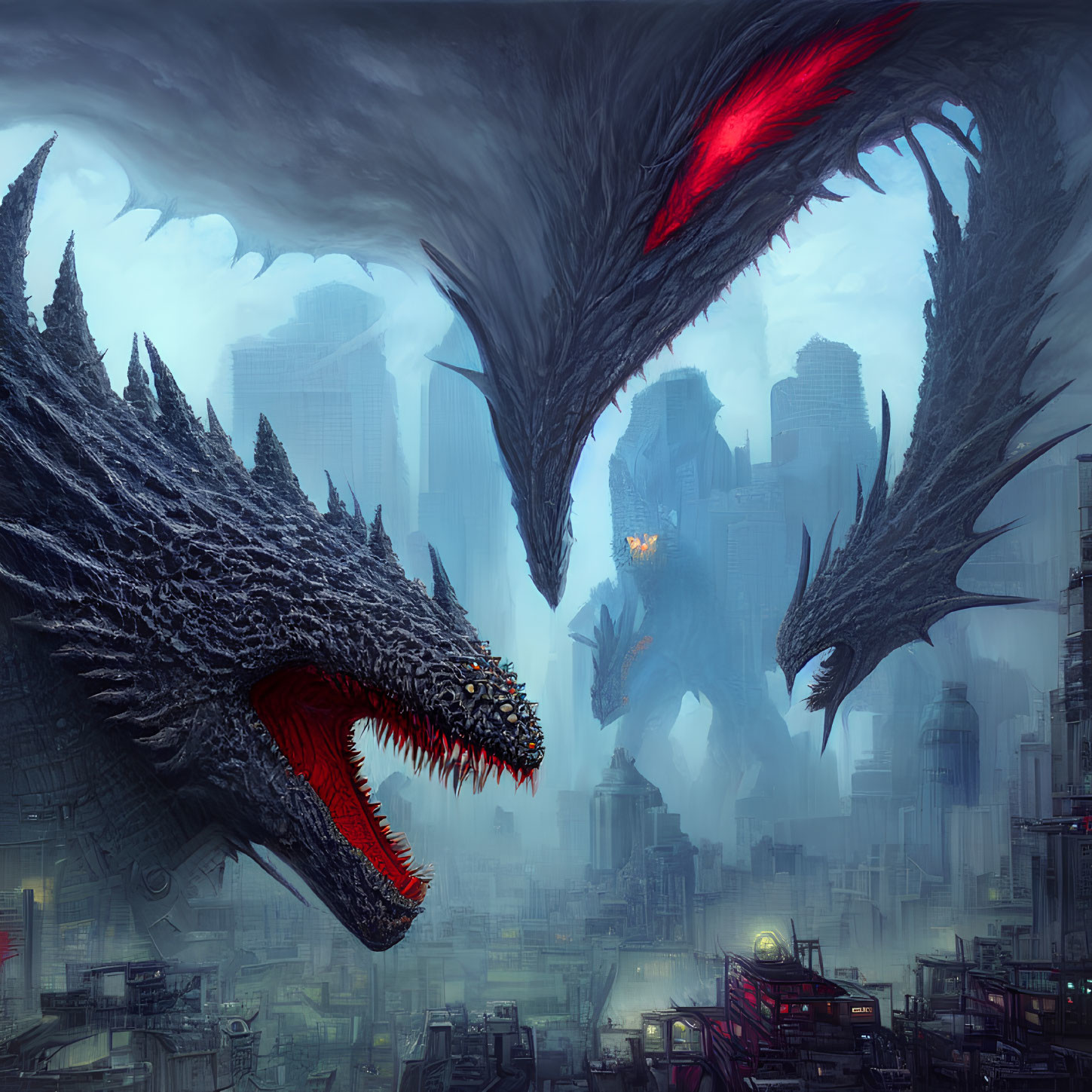 Gigantic dragon overlooking futuristic cityscape with stormy sky