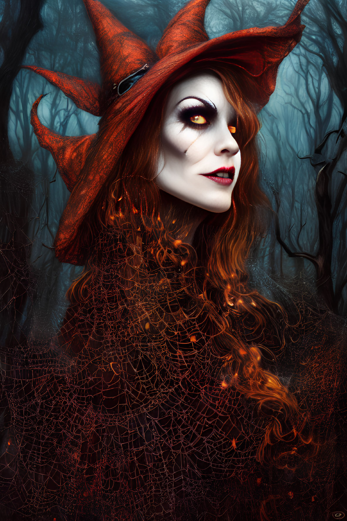 Striking Witch Makeup with Red Hat in Dark Forest