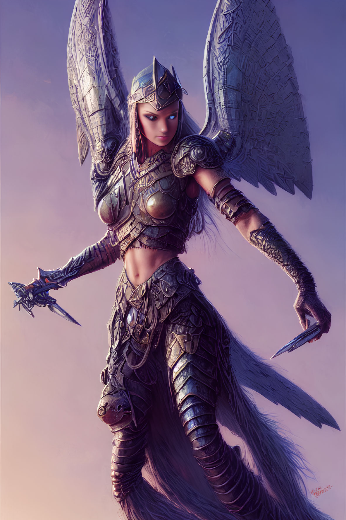 Warrior woman in ornate armor with wings and spear ready for battle