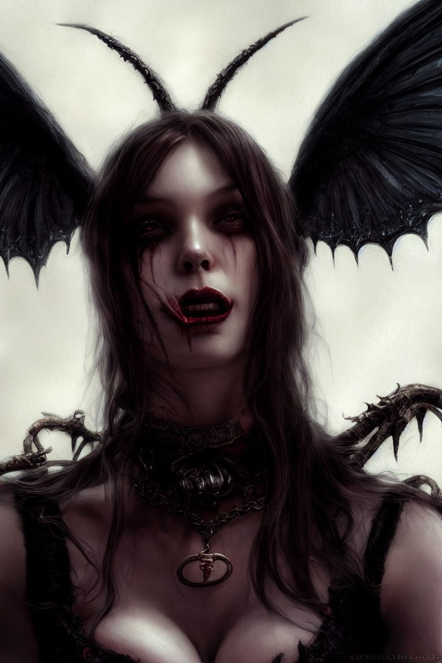 Dark Fantasy Art: Female Figure with Wings, Horns, and Choker Pendant