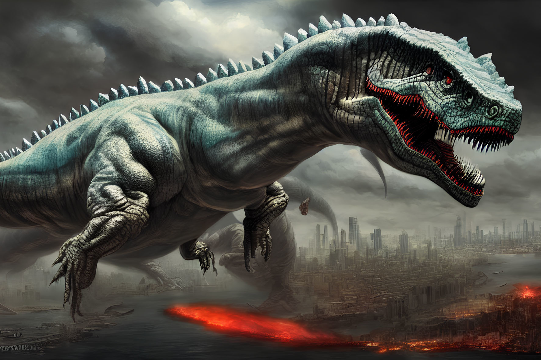 Gigantic dinosaur in fiery cityscape under stormy sky