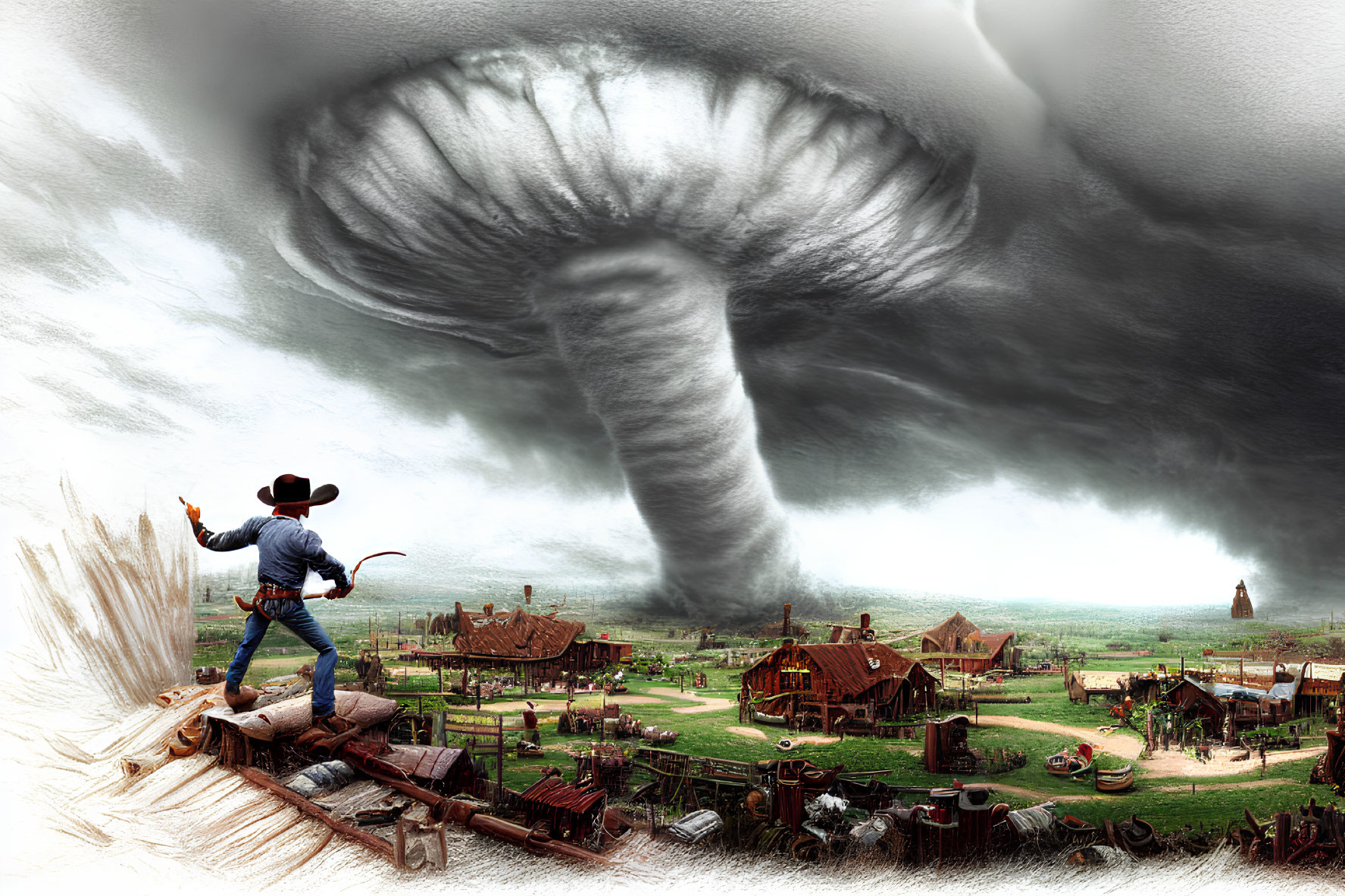 Cowboy overlooking Western town with massive tornado nearby