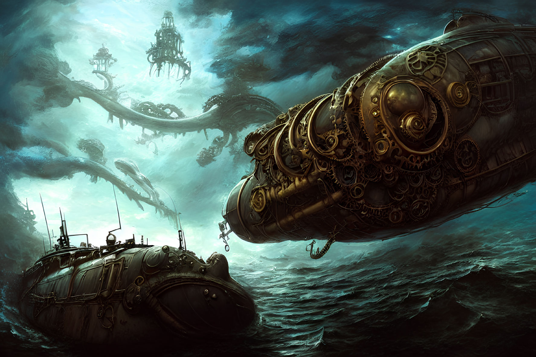 Steampunk-style submarine exploring dark underwater landscape