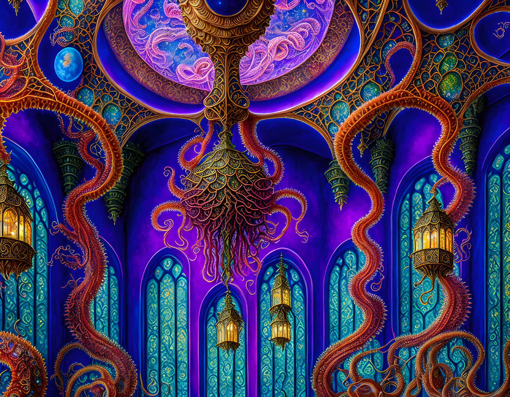 Fantasy artwork: Octopus chandelier, Gothic windows, cosmic ceiling