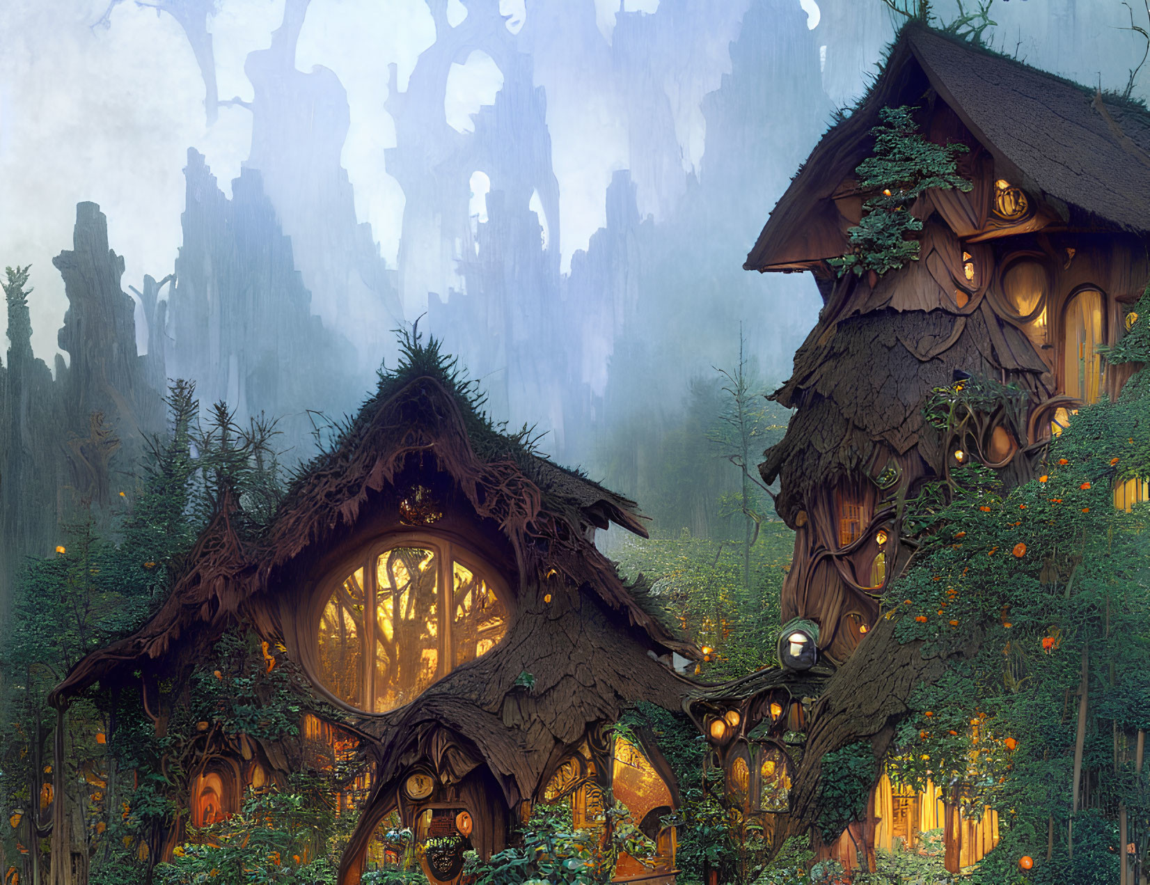 Enchanted Forest Treehouses with Glowing Windows