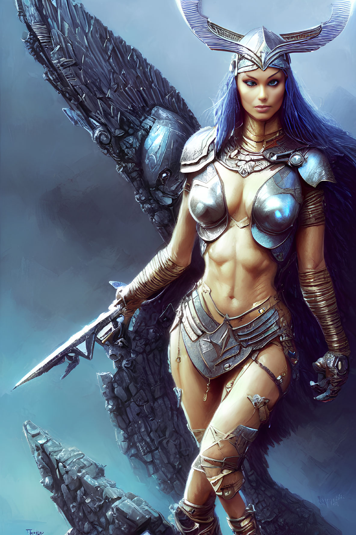 Blue-skinned fantasy warrior woman in silver armor with sword and winged helmet against feathered wings.