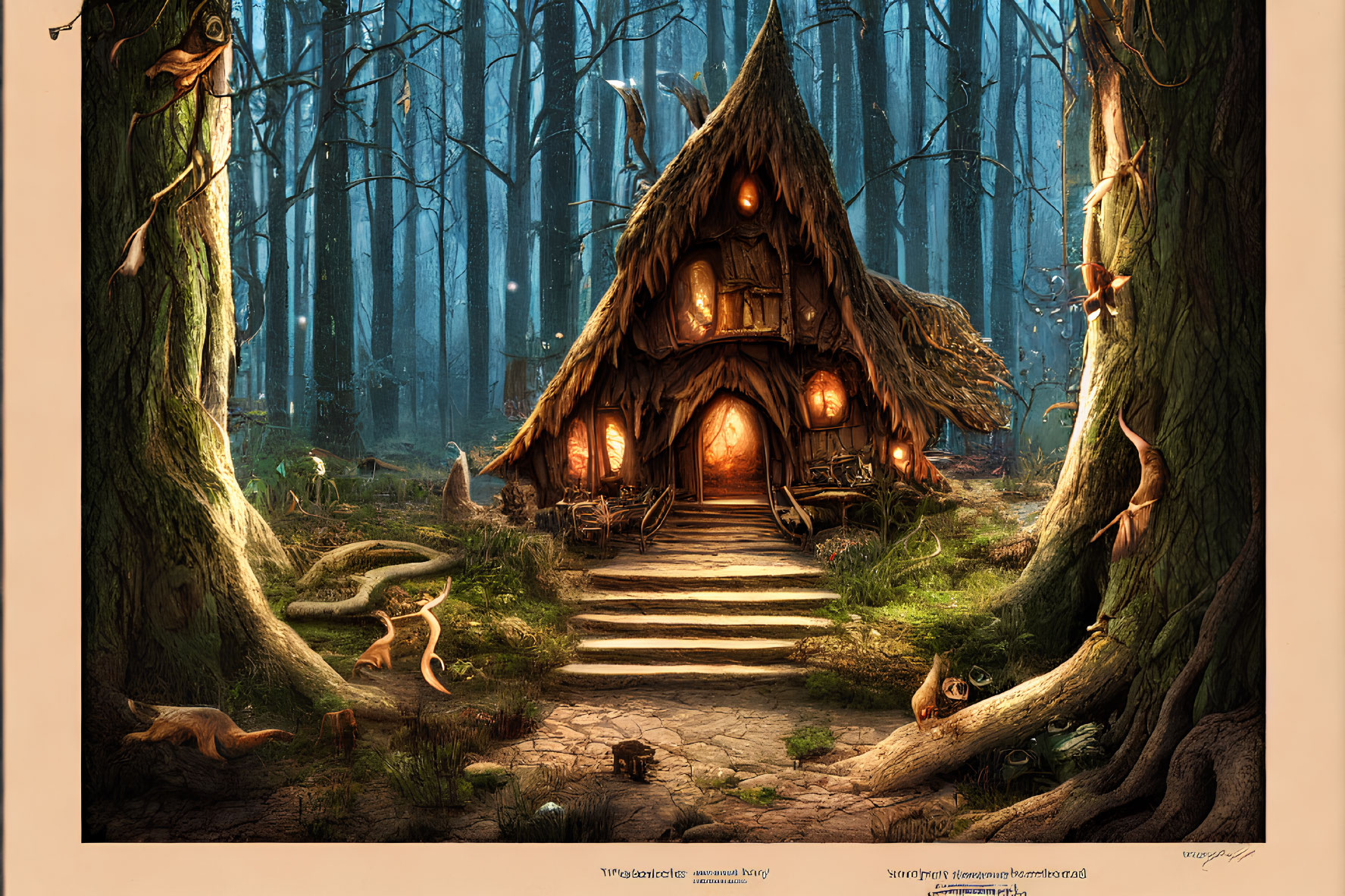 Enchanting forest scene with whimsical cottage and forest creatures at twilight