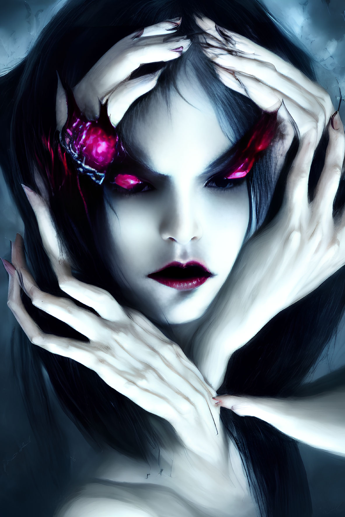 Eerie portrait of woman with red eyes and elongated fingers