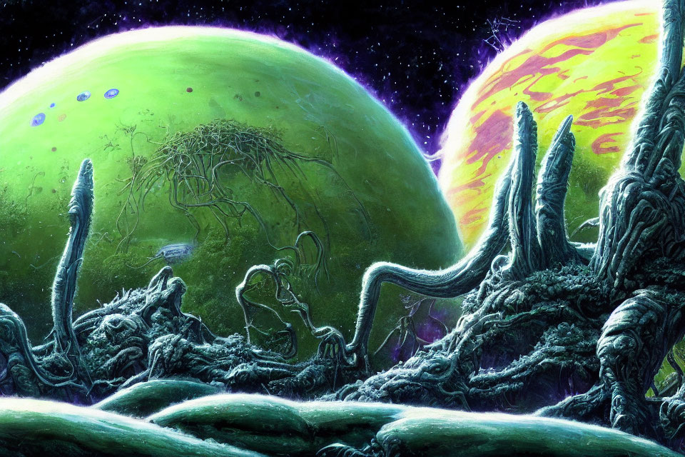 Vivid Sci-Fi Landscape with Alien Vegetation and Starlit Sky