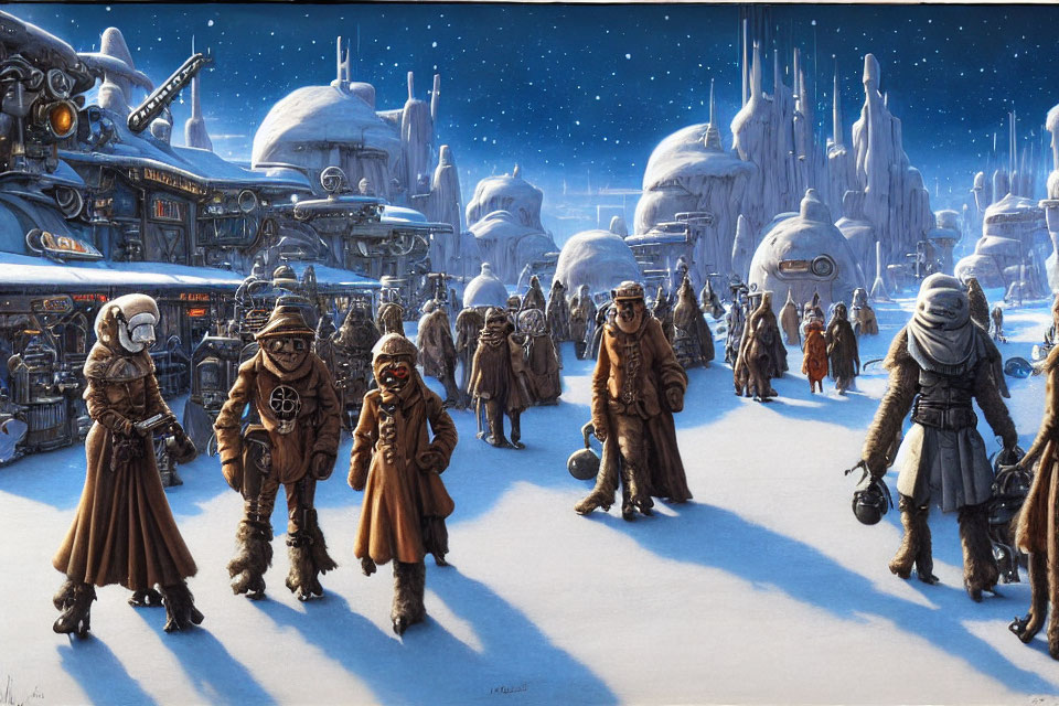 Group in fur-lined coats navigating futuristic snowy cityscape